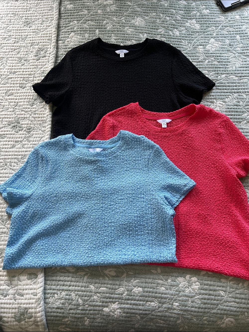 Three Textured Short-Sleeve Tops - Black, Coral, Light Blue